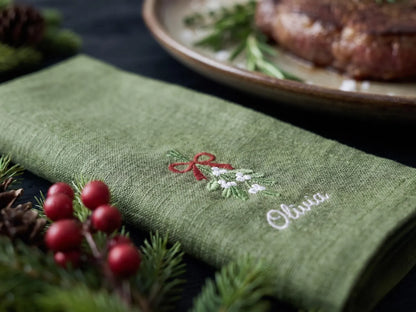 Personalized Christmas Linen Napkins Set of 6, Embroidered Dinner Napkins, Custom Name Red Green White Holiday Table Decor for Family Dinner
