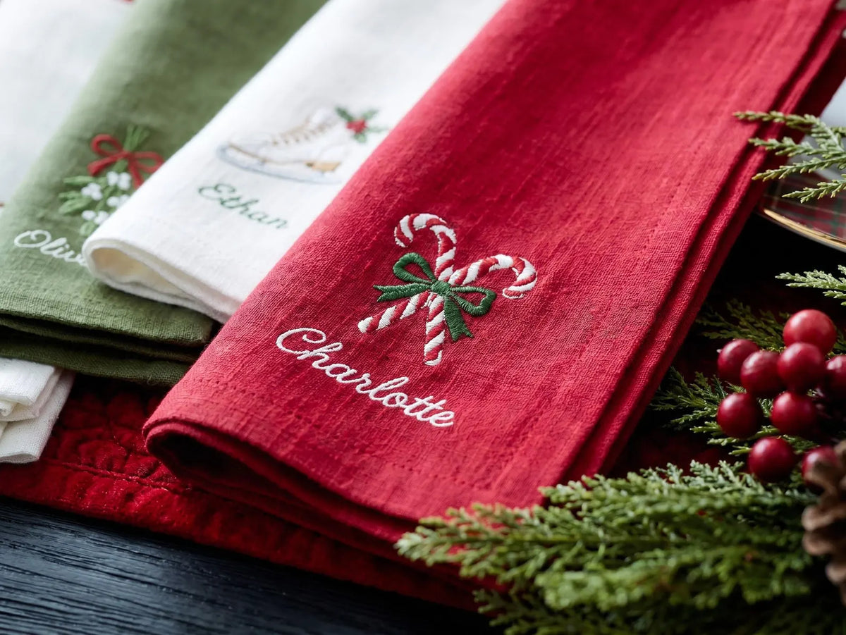 Personalized Christmas Linen Napkins Set of 6, Embroidered Dinner Napkins, Custom Name Red Green White Holiday Table Decor for Family Dinner