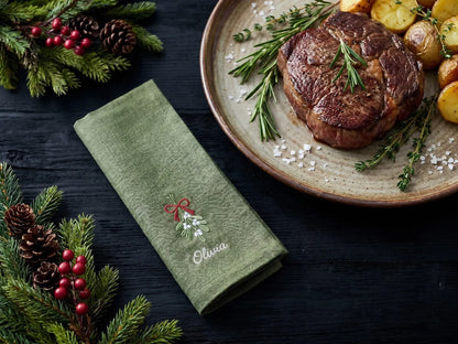 Personalized Christmas Linen Napkins Set of 6, Embroidered Dinner Napkins, Custom Name Red Green White Holiday Table Decor for Family Dinner