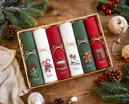 Personalized Christmas Linen Napkins Set of 6, Embroidered Dinner Napkins, Custom Name Red Green White Holiday Table Decor for Family Dinner
