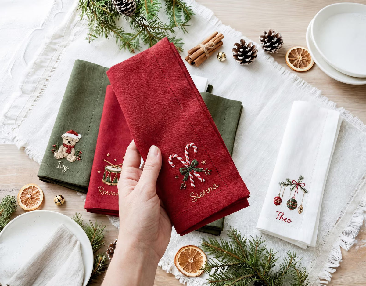 Personalized Christmas Linen Napkins Set of 6, Embroidered Dinner Napkins, Custom Name Red Green White Holiday Table Decor for Family Dinner