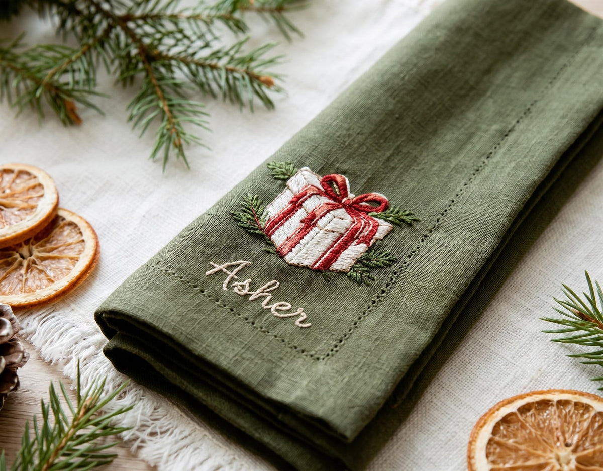 Personalized Christmas Linen Napkins Set of 6, Embroidered Dinner Napkins, Custom Name Red Green White Holiday Table Decor for Family Dinner