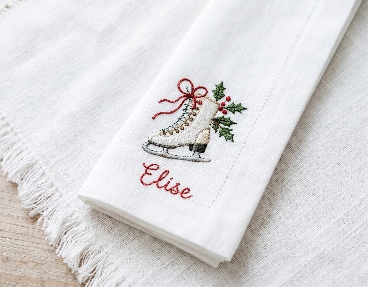 Personalized Christmas Linen Napkins Set of 6, Embroidered Dinner Napkins, Custom Name Red Green White Holiday Table Decor for Family Dinner
