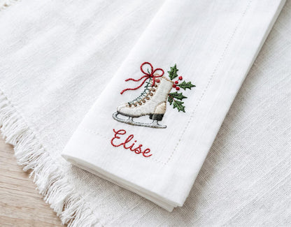 Personalized Christmas Linen Napkins Set of 6, Embroidered Dinner Napkins, Custom Name Red Green White Holiday Table Decor for Family Dinner