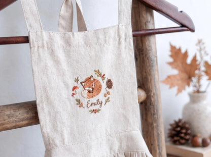 Personalized Mommy and Me Aprons, Matching Mom and Kids Linen Apron Set, Hand Embroidered Acorn Branch & Fox, Custom Name Gift