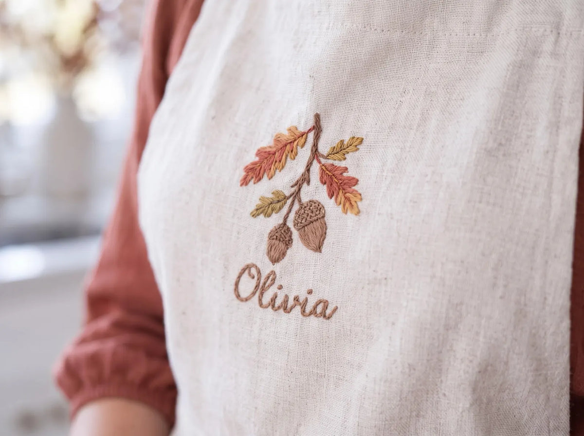 Personalized Mommy and Me Aprons, Matching Mom and Kids Linen Apron Set, Hand Embroidered Acorn Branch & Fox, Custom Name Gift