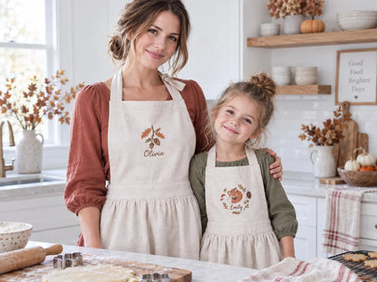 Personalized Mommy and Me Aprons, Matching Mom and Kids Linen Apron Set, Hand Embroidered Acorn Branch & Fox, Custom Name Gift