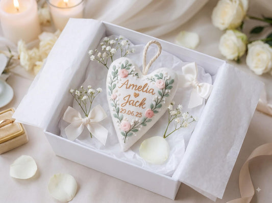 Personalized Wedding Heart Ornament, Hand Embroidered Pink Roses & Greenery, Custom Names Date, Linen Bridal Keepsake Gift, Keepsake Decor