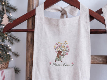 Personalized Mommy and Me Aprons, Matching Mom and Kids Linen Apron Set, Hand Embroidered Mama Bear & Baby Bear, Custom Name Gift