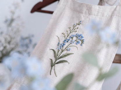 Personalized Mommy and Me Aprons, Matching Mom and Kids Linen Apron Set, Hand Embroidered Blue Wildflowers & Fox, Custom Name Family Gift