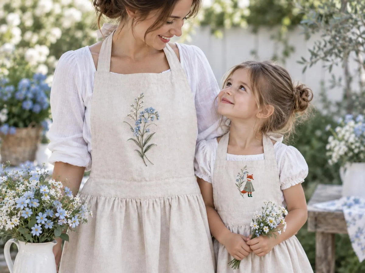 Personalized Mommy and Me Aprons, Matching Mom and Kids Linen Apron Set, Hand Embroidered Blue Wildflowers & Fox, Custom Name Family Gift
