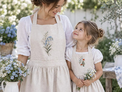 Personalized Mommy and Me Aprons, Matching Mom and Kids Linen Apron Set, Hand Embroidered Blue Wildflowers & Fox, Custom Name Family Gift