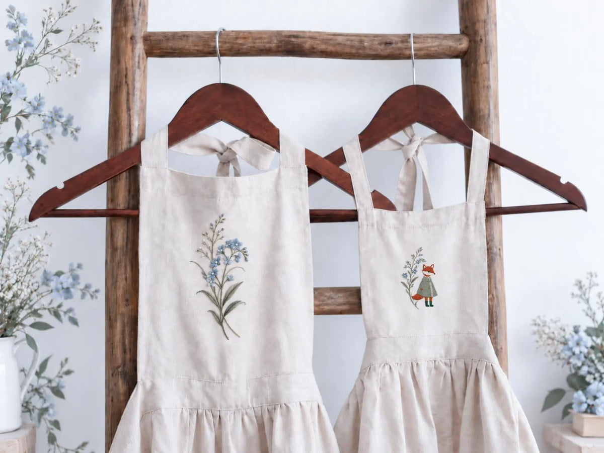 Personalized Mommy and Me Aprons, Matching Mom and Kids Linen Apron Set, Hand Embroidered Blue Wildflowers & Fox, Custom Name Family Gift