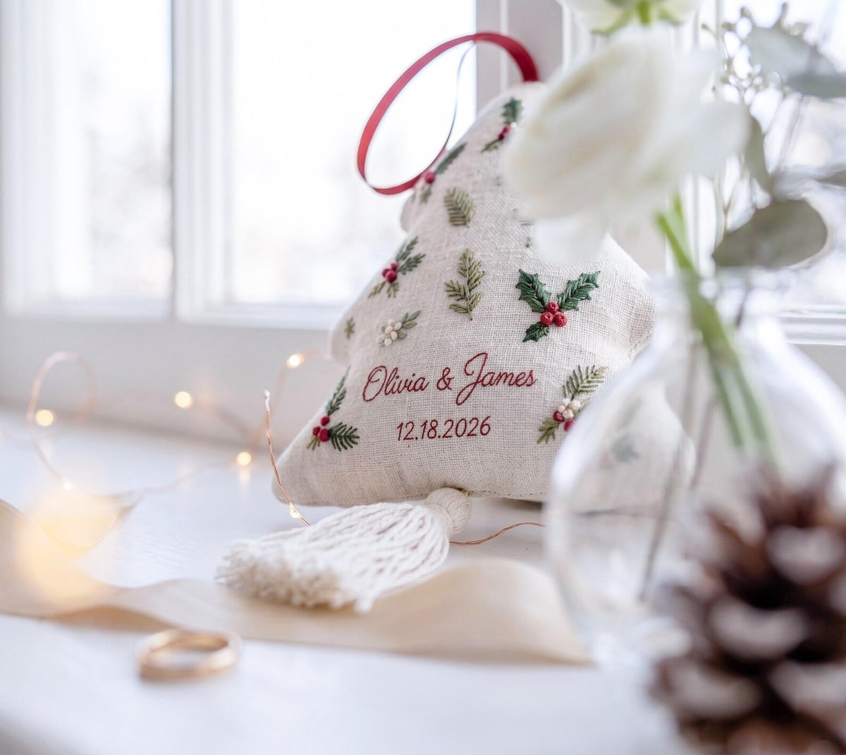 Personalized Christmas Tree Wedding Ornament, Hand Embroidered Gift Boxes Bows, Custom Names & Date, Newlywed Keepsake Gift Holiday Decor