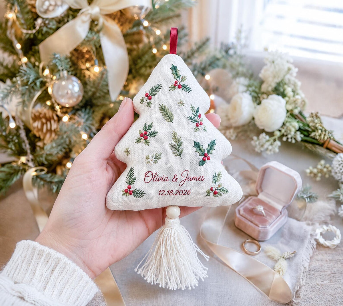 Personalized Christmas Tree Wedding Ornament, Hand Embroidered Gift Boxes Bows, Custom Names & Date, Newlywed Keepsake Gift Holiday Decor