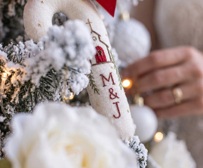 Personalized Christmas Wedding Ornament, Hand Embroidered Church Candy Cane, Custom Initials, Red Bow, Christian Newlywed Keepsake Gift 2026