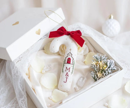 Personalized Christmas Wedding Ornament, Hand Embroidered Church Candy Cane, Custom Initials, Red Bow, Christian Newlywed Keepsake Gift 2026
