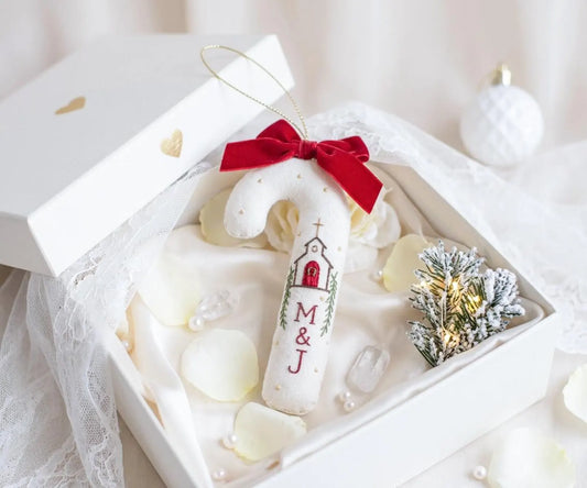 Personalized Christmas Wedding Ornament, Hand Embroidered Church Candy Cane, Custom Initials, Red Bow, Christian Newlywed Keepsake Gift 2026