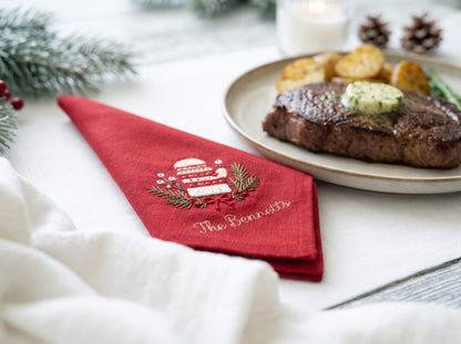 Personalized Christmas Linen Napkin Set of 3, Hand Embroidered Pine, Mistletoe & Wreath, Custom Name, Christmas Table Decor, Holiday Gift