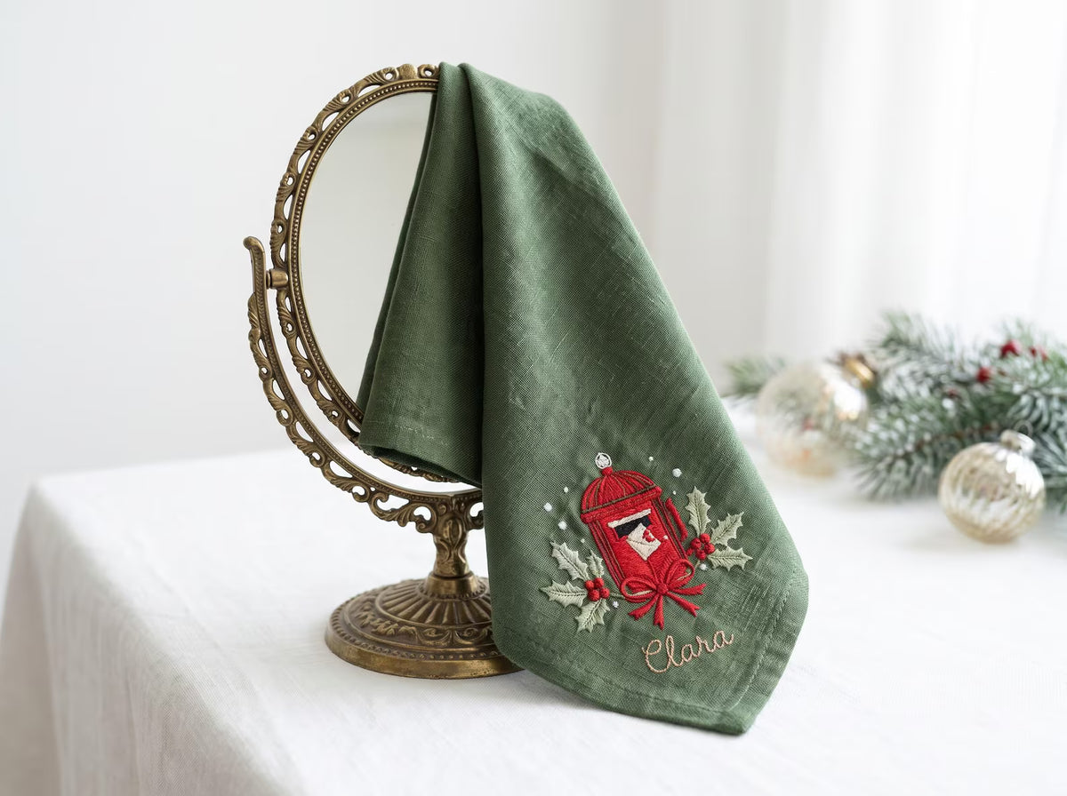 Personalized Christmas Linen Napkin Set of 3, Hand Embroidered Pine, Mistletoe & Wreath, Custom Name, Christmas Table Decor, Holiday Gift