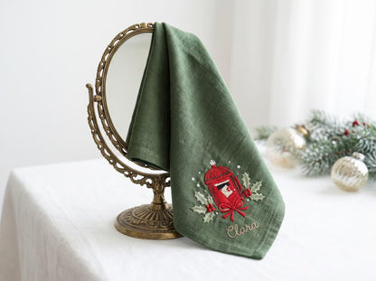 Personalized Christmas Linen Napkin Set of 3, Hand Embroidered Pine, Mistletoe & Wreath, Custom Name, Christmas Table Decor, Holiday Gift
