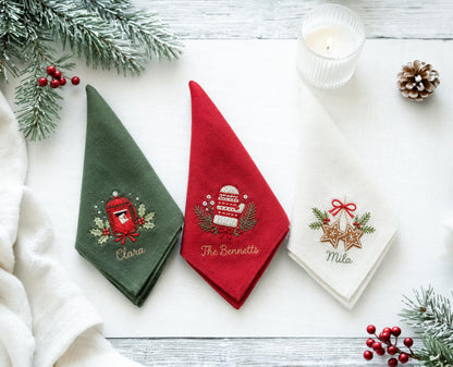 Personalized Christmas Linen Napkin Set of 3, Hand Embroidered Pine, Mistletoe & Wreath, Custom Name, Christmas Table Decor, Holiday Gift