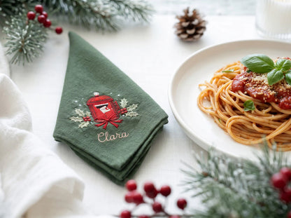 Personalized Christmas Linen Napkin Set of 3, Hand Embroidered Pine, Mistletoe & Wreath, Custom Name, Christmas Table Decor, Holiday Gift