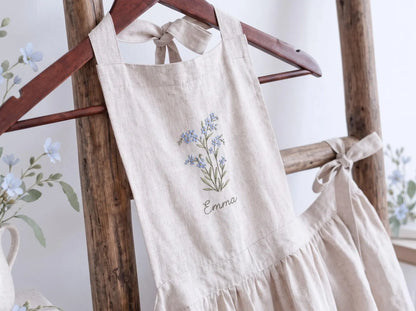 Personalized Black Linen Apron, Hand Embroidered Blue Wildflowers, Custom Name, Matching Mom & Me Aprons, Mother Daughter Cooking Gift Set