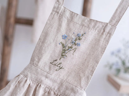 Personalized Black Linen Apron, Hand Embroidered Blue Wildflowers, Custom Name, Matching Mom & Me Aprons, Mother Daughter Cooking Gift Set