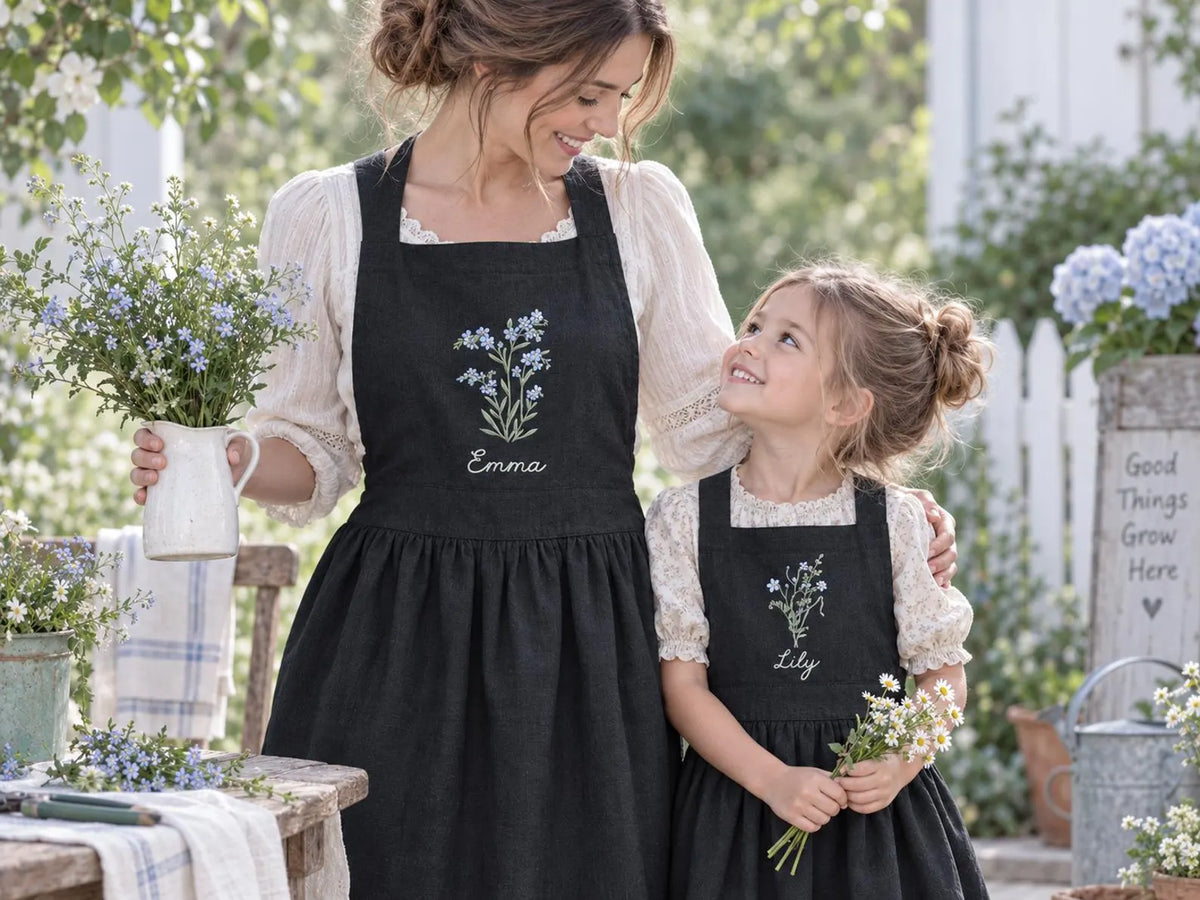 Personalized Black Linen Apron, Hand Embroidered Blue Wildflowers, Custom Name, Matching Mom & Me Aprons, Mother Daughter Cooking Gift Set