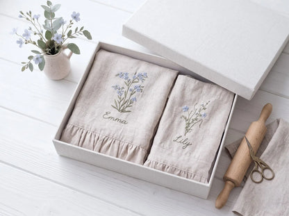 Personalized Black Linen Apron, Hand Embroidered Blue Wildflowers, Custom Name, Matching Mom & Me Aprons, Mother Daughter Cooking Gift Set