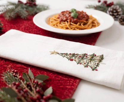 Christmas Linen Napkins Set of 6, Hand Embroidered Dinner Napkins, Mistletoe Mittens Drum Tree, Holiday Table Decor, Christmas Hostess Gifts