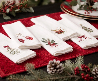 Christmas Linen Napkins Set of 6, Hand Embroidered Dinner Napkins, Mistletoe Mittens Drum Tree, Holiday Table Decor, Christmas Hostess Gifts