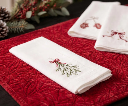 Christmas Linen Napkins Set of 6, Hand Embroidered Dinner Napkins, Mistletoe Mittens Drum Tree, Holiday Table Decor, Christmas Hostess Gifts