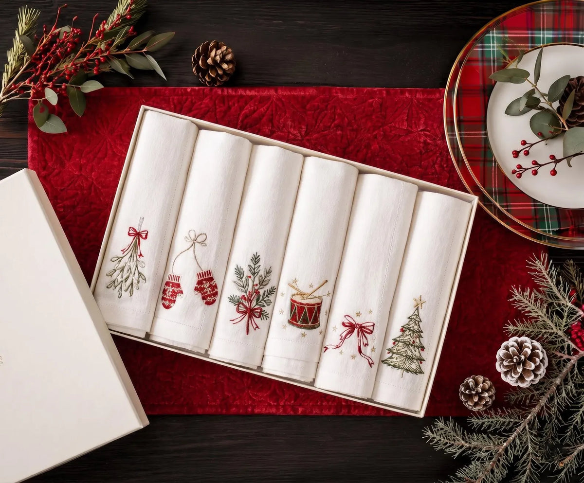 Christmas Linen Napkins Set of 6, Hand Embroidered Dinner Napkins, Mistletoe Mittens Drum Tree, Holiday Table Decor, Christmas Hostess Gifts