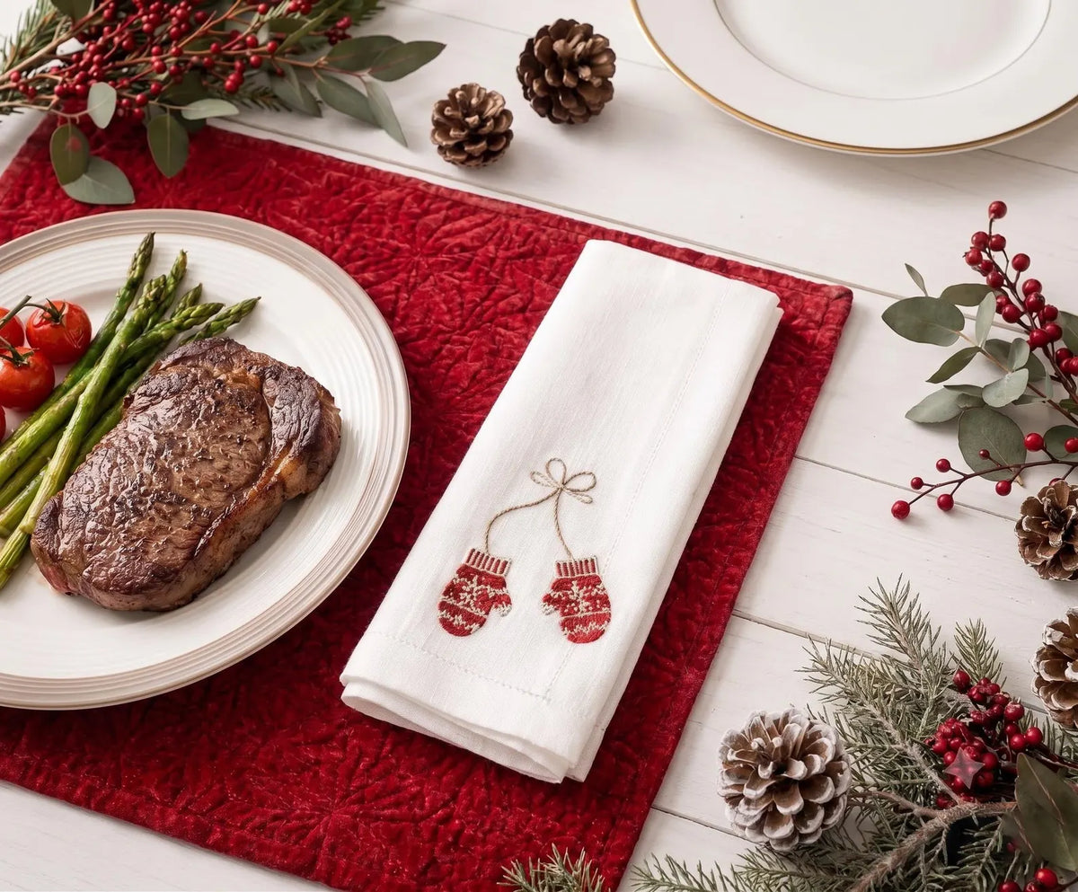 Christmas Linen Napkins Set of 6, Hand Embroidered Dinner Napkins, Mistletoe Mittens Drum Tree, Holiday Table Decor, Christmas Hostess Gifts