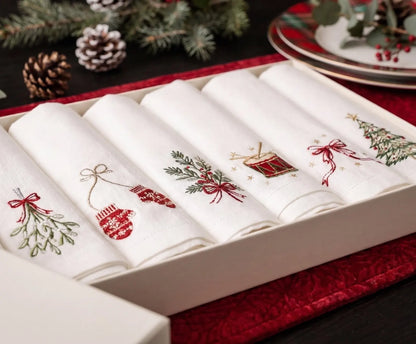 Christmas Linen Napkins Set of 6, Hand Embroidered Dinner Napkins, Mistletoe Mittens Drum Tree, Holiday Table Decor, Christmas Hostess Gifts