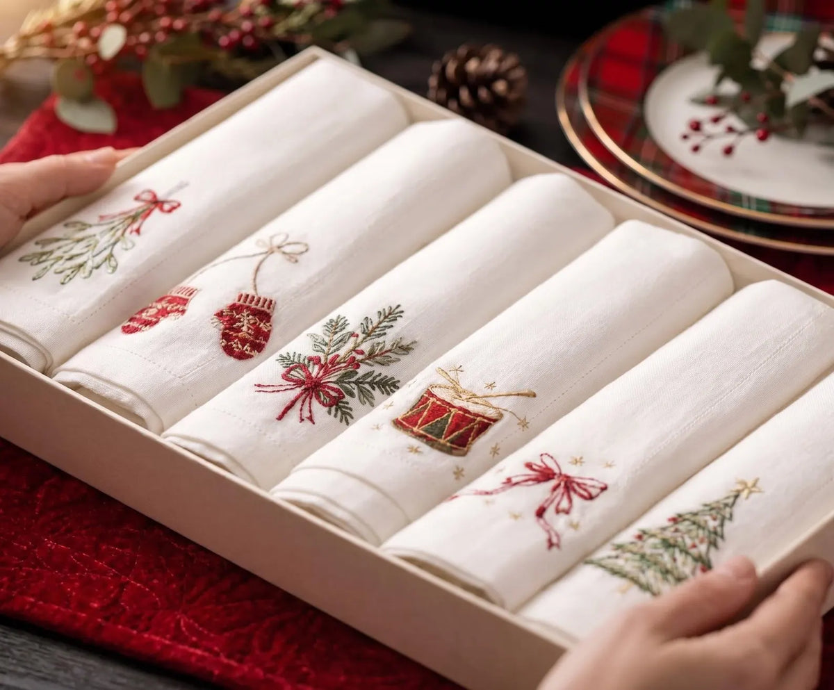 Christmas Linen Napkins Set of 6, Hand Embroidered Dinner Napkins, Mistletoe Mittens Drum Tree, Holiday Table Decor, Christmas Hostess Gifts