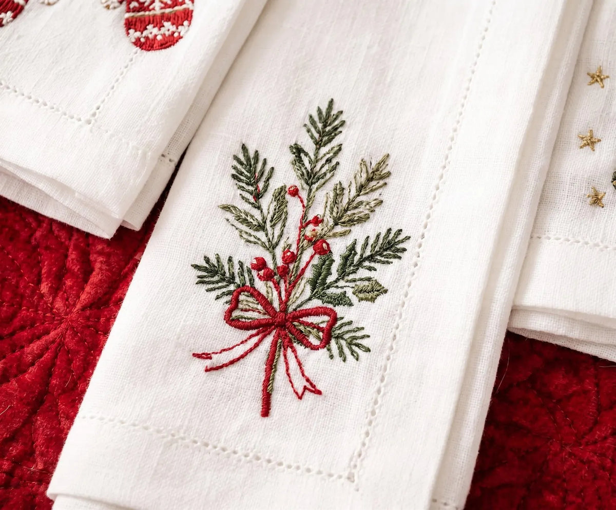 Christmas Linen Napkins Set of 6, Hand Embroidered Dinner Napkins, Mistletoe Mittens Drum Tree, Holiday Table Decor, Christmas Hostess Gifts