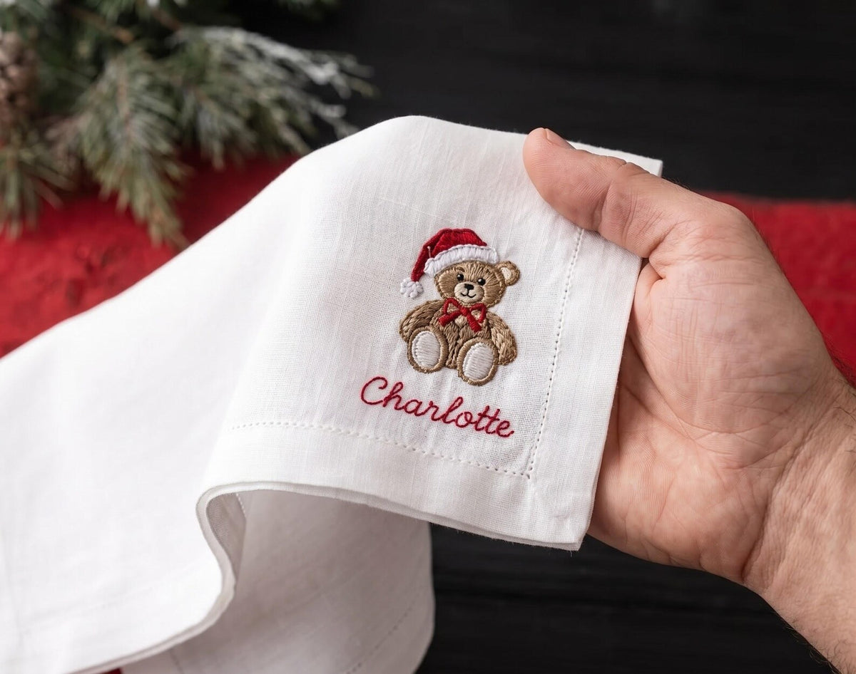 Personalized Christmas Linen Napkins Set of 6, Hand Embroidered Dinner Napkins, Custom Names, Teddy Bear Candy Cane Gingerbread Gift Decor