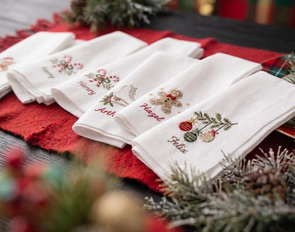 Personalized Christmas Linen Napkins Set of 6, Hand Embroidered Dinner Napkins, Custom Names, Teddy Bear Candy Cane Gingerbread Gift Decor