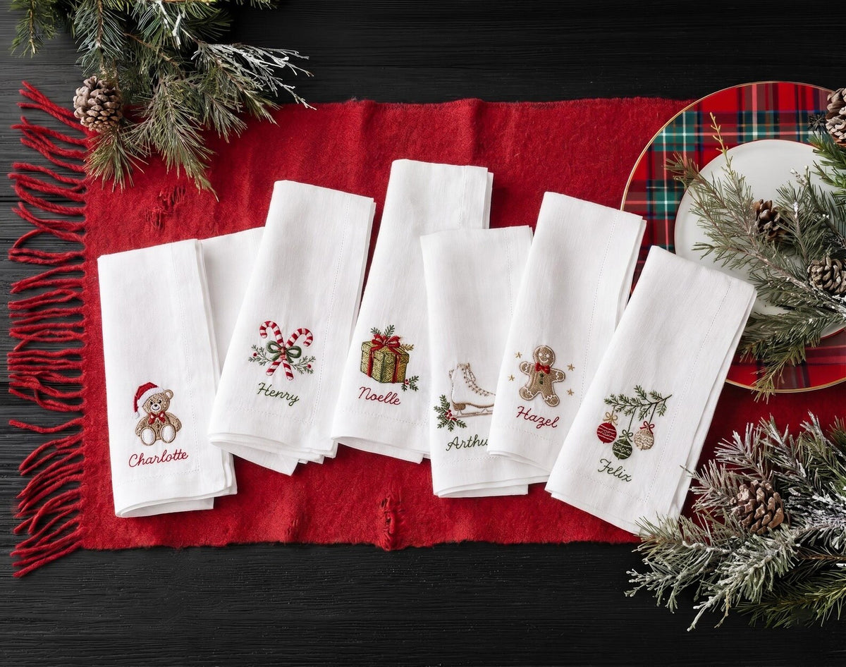 Personalized Christmas Linen Napkins Set of 6, Hand Embroidered Dinner Napkins, Custom Names, Teddy Bear Candy Cane Gingerbread Gift Decor