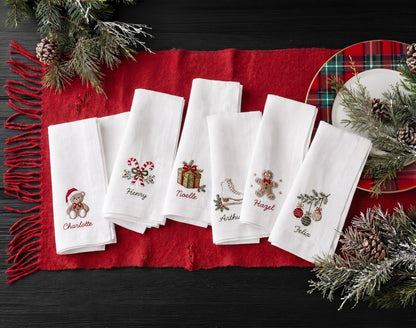 Personalized Christmas Linen Napkins Set of 6, Hand Embroidered Dinner Napkins, Custom Names, Teddy Bear Candy Cane Gingerbread Gift Decor