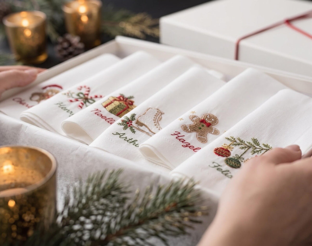 Personalized Christmas Linen Napkins Set of 6, Hand Embroidered Dinner Napkins, Custom Names, Teddy Bear Candy Cane Gingerbread Gift Decor
