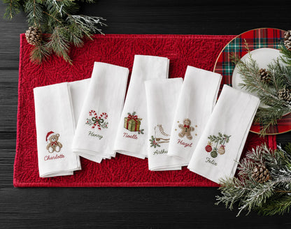 Personalized Christmas Linen Napkins Set of 6, Hand Embroidered Dinner Napkins, Custom Names, Teddy Bear Candy Cane Gingerbread Gift Decor