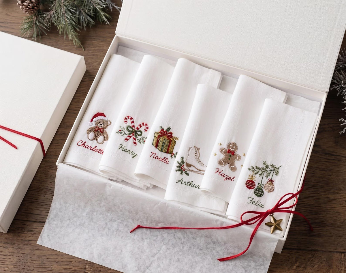 Personalized Christmas Linen Napkins Set of 6, Hand Embroidered Dinner Napkins, Custom Names, Teddy Bear Candy Cane Gingerbread Gift Decor