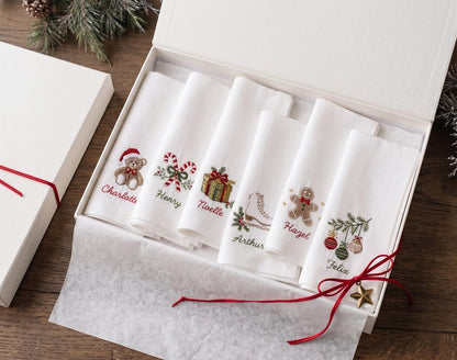 Personalized Christmas Linen Napkins Set of 6, Hand Embroidered Dinner Napkins, Custom Names, Teddy Bear Candy Cane Gingerbread Gift Decor