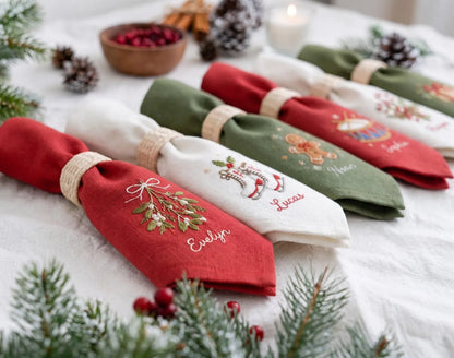 Personalized Christmas Linen Napkins Set of 6, Hand Embroidered Holiday Dinner Napkins, Custom Names, Red Green White Family Table Decor