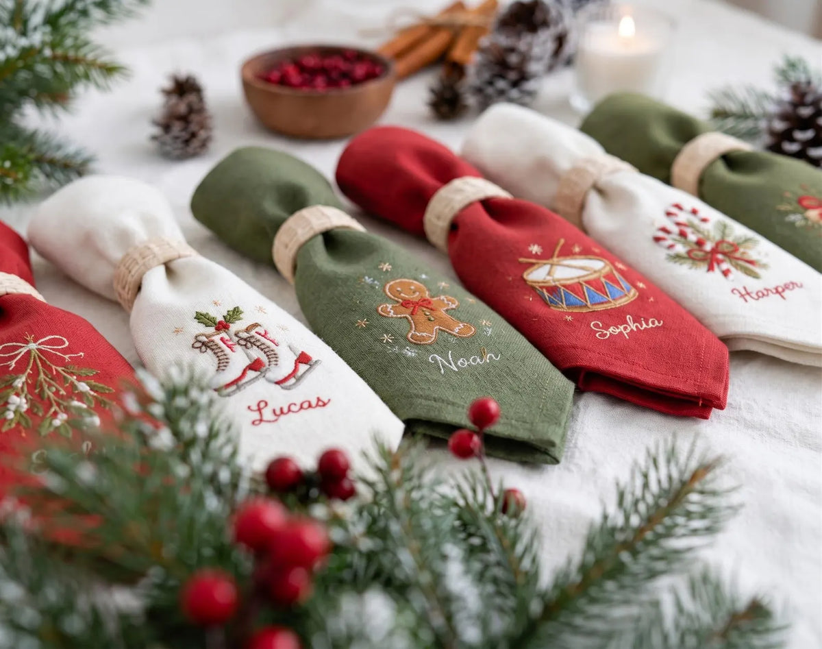 Personalized Christmas Linen Napkins Set of 6, Hand Embroidered Holiday Dinner Napkins, Custom Names, Red Green White Family Table Decor