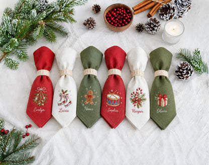 Personalized Christmas Linen Napkins Set of 6, Hand Embroidered Holiday Dinner Napkins, Custom Names, Red Green White Family Table Decor